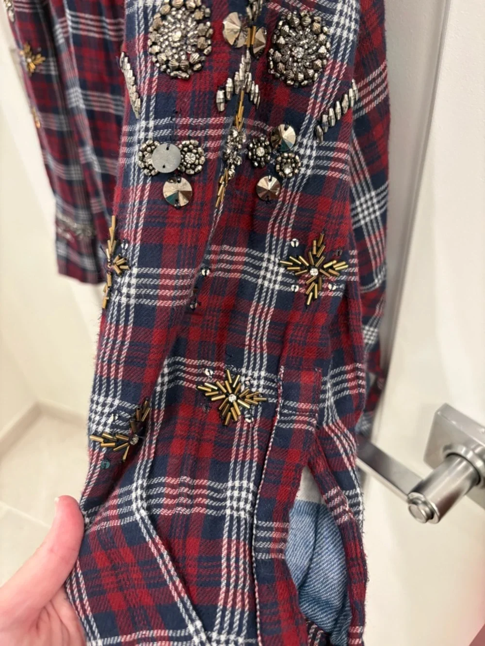 Free People Downtown Romance Red Blue Oversized Embellished Plaid Shirt Size L